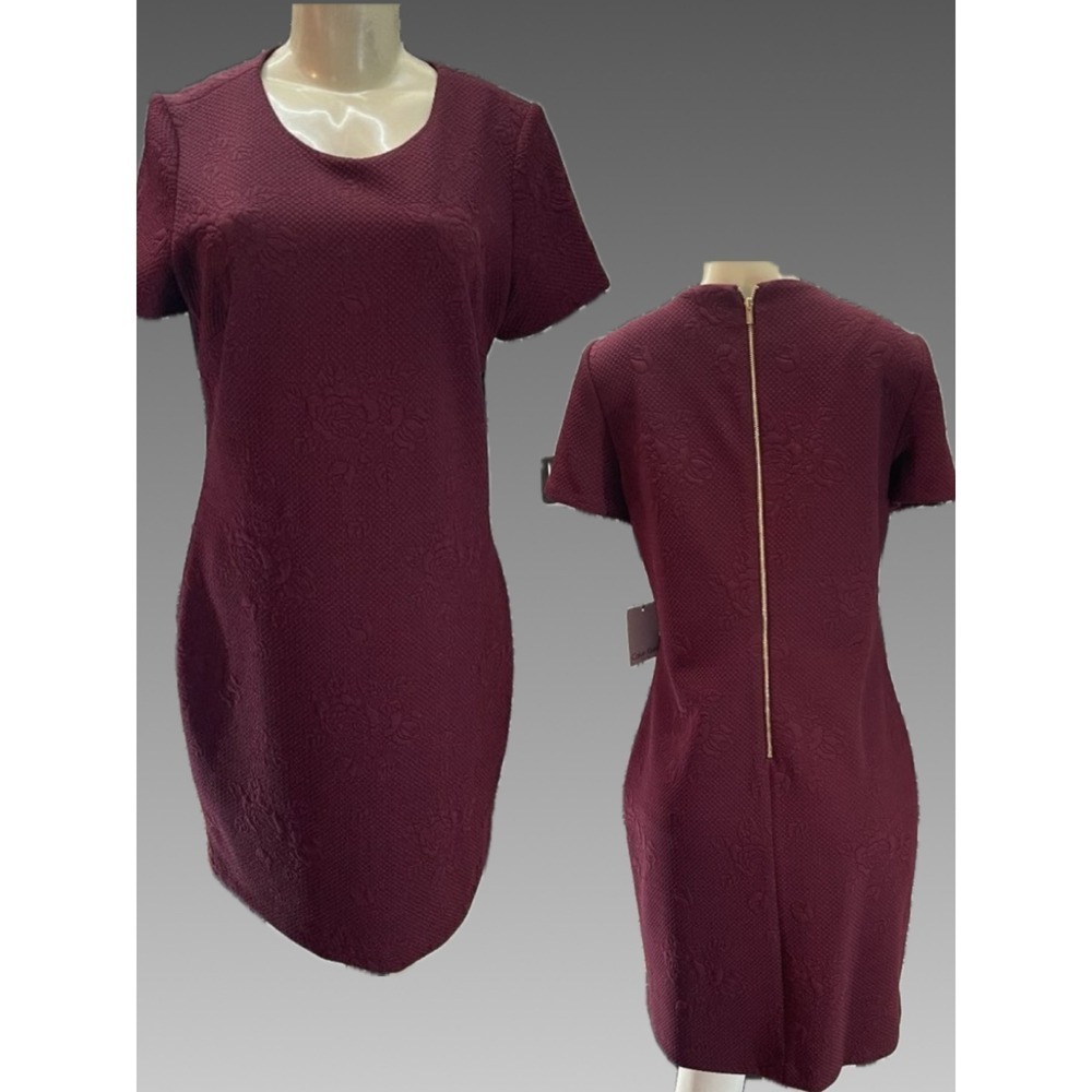 Calvin Klein Burgundy Floral Jacquard Sheath Dress Short Sleeve Back Gold Zip M